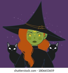 Green Witch Avatar. Cute Witch With Cat and Hat.