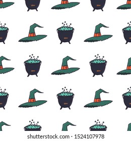 Green witch hat and cauldron seamless pattern on white background. Spooky halloween wallpaper. Autumn holiday horror backdrop. Magic cauldron. Vector illustration.