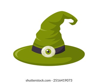 Green witch hat decorated with a creepy eyeball, isolated on white background. Flat vector illustration