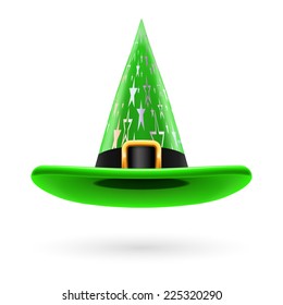 Green witch hat with golden buckle, hatband and silver stars ornament