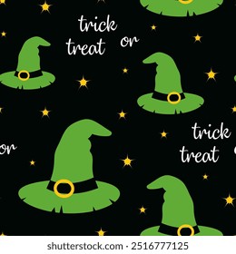 chapéu de bruxa verde padrão sem costura decorado com estrelas e letras truque ou tratar sobre fundo preto, imprimir para tecido de halloween, têxteis e decorações de festa de halloween