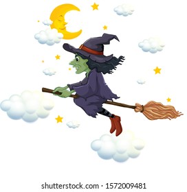 Green witch on flying broom at night illustration