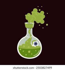 Una poción de bruja verde con un ojo flotante para Halloween en una botella de vidrio. Aislado en un fondo oscuro. Ilustración vectorial de dibujos animados.