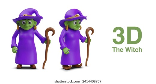 Green witch in purple costume standing and holding cane. Celebration Halloween. Figure of fantastic person on white background in different positions. Vector illustration in 3d style
