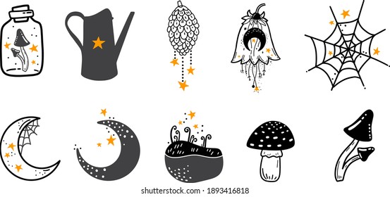 Green witch stuff. Witchcraft, magic elements. Wicca and pagan tradition. Vector Hand drawn elements. Magic set with stars
