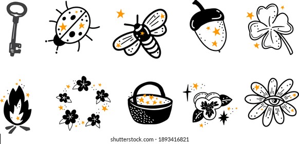 Green witch stuff. Witchcraft, magic elements. Wicca and pagan tradition. Vector Hand drawn elements. Magic set with stars