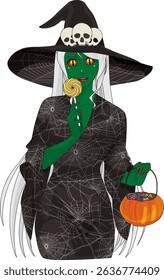 Green Witch Treat Or Trick Halloween Character Vector