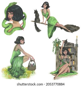 Green witch, watercolor illustration. Vector isolated elements.