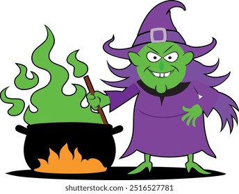 Green Witches poisonous brew, Halloween scary witch cauldron cooking line art vector illustration on white background.