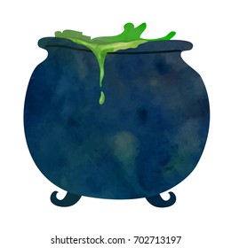 Green witch's brew boils in old cauldron. Funny cartoon clip art illustration on isolated background. Watercolour imitation.