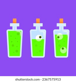 Green witch's potion in bottles with cork 