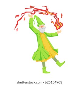 Green wizard in action with red crystal ball. Colorful fairy tale character Illustration