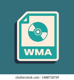 Green WMA file document. Download wma button icon isolated on blue background. WMA file symbol. Wma music format sign. Long shadow style. Vector Illustration