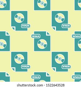 Green WMA file document. Download wma button icon isolated seamless pattern on yellow background. WMA file symbol. Wma music format sign.  Vector Illustration