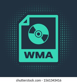 Green WMA file document. Download wma button icon isolated on blue background. WMA file symbol. Wma music format sign. Abstract circle random dots. Vector Illustration