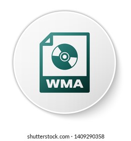 Green WMA file document icon. Download wma button icon isolated on white background. WMA file symbol. Wma music format sign. White circle button. Vector Illustration