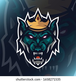 Green wolf with crown Logo Mascot Vector Illustration for team template