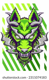 Green wolf head vector illustration with future baground