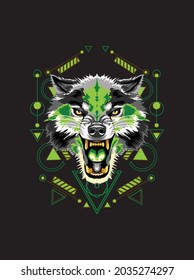 Green Wolf on mystic symbol background.Vector.Sacred Geometry line art style tattoo.T-shirt print design.