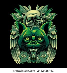 green wolf and skull vector illustration