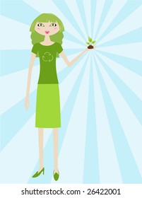 green woman holding a plant - vector about environment