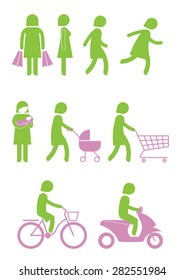 Green woman icon in various actions.