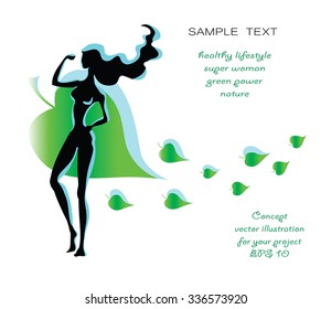 Green woman and green leaf vector - beautiful woman black silhouette posing on green leaf flying background. Green energy, healthy lifestyle concept. For supplements, vitamins branding. Isolated.