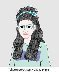 Green Woman Wearing Glasses.She Is Smiling And Happy On A Special Day.Doodle Art Concept,illustration Painting