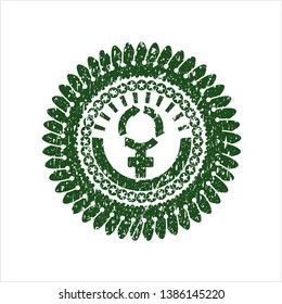 Green women cycle icon inside distress rubber stamp with grunge texture