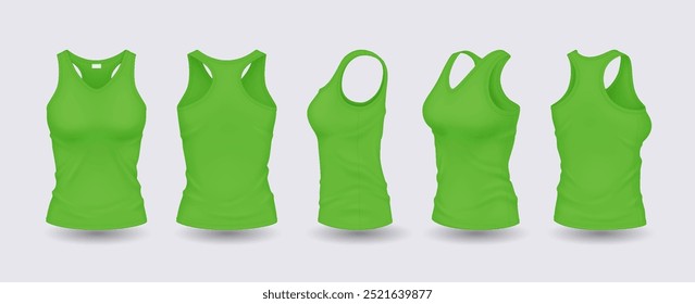 Camisetas de tirantes de mujer verdes con conjunto de Ilustración vectorial realista de Plantilla de diseño. Ropa deportiva con espacio para los modelos 3d del logotipo en el fondo blanco