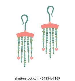 Green women's earrings with small beads. Fashionable women's accessory. Spring mood. Beautiful decorative element in wardrobe. Vector flat illustration for packaging, shops, web.