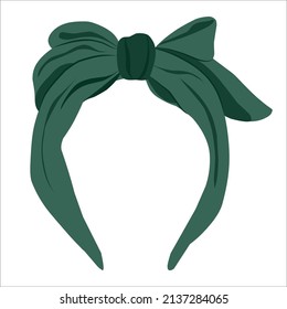 Green women's hair bandana with a bow. Soloha for women, hair accessory, hairband. Vector illustration of a cartoon flat style, isolated on a white background.