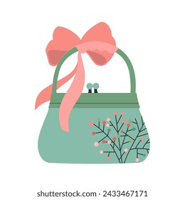 Green women's handbag. Fashionable women's accessory. Spring mood. Beautiful decorative element in wardrobe. Pink bow. Vector flat illustration for packaging, shops, web.