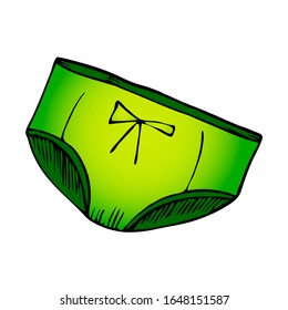Green women's underpants with a bow. Vector underpants in sketch art style. Simple bright illustration with voluminous underwear. Decorative element associated with women's fashion, beauty and charm.