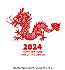 Green Wood Dragon is a symbol of the 2024 Chinese New Year. Red silhouette of Dragon isolated on a white background. Holiday vector illustration of Zodiac Sign Long Dragon. Papercut style