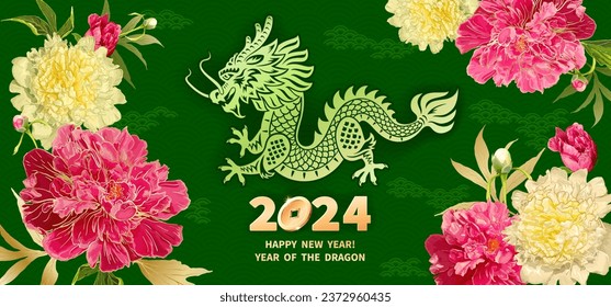 Green Wood Dragon is a symbol of the 2024 Chinese New Year. Greeting card in Oriental style with peonies flowers, leaves, buds, decorative elements around zodiac Sign of Dragon on green background