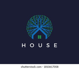 Green Wood Resident Vector Logo Template. Design template of two trees incorporate with a house that made from a simple scratch. It's good for symbolize a property or wooden housing business.