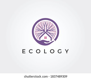 Green Wood Resident Vector Logo Template. Design template of two trees incorporate with a house that made from a simple scratch. It's good for symbolize a property or wooden housing business. 