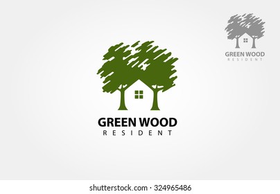 Green Wood Resident Vector Logo Template. Design template of two trees incorporate with a house that made from a simple scratch. It's good for symbolize a property or wooden housing business. 