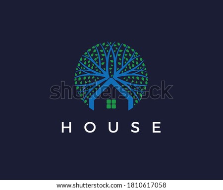 Green Wood Resident Vector Logo Template. Design template of two trees incorporate with a house that made from a simple scratch. It's good for symbolize a property or wooden housing business.