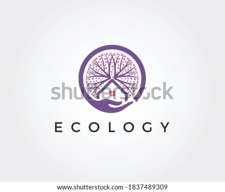 Green Wood Resident Vector Logo Template. Design template of two trees incorporate with a house that made from a simple scratch. It's good for symbolize a property or wooden housing business. 