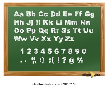 green Wood school desks set and hand-drawn chalk alphabet