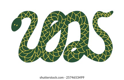 Green wood snake silhouette in form of 2025 with golden ornament. Chinese New Year animal symbol.