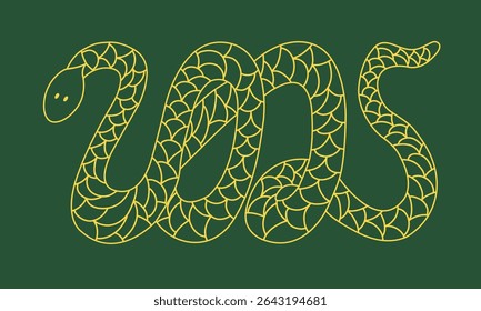 Green wood snake silhouette in form of 2025 with golden transparent ornament. Chinese New Year animal symbol.