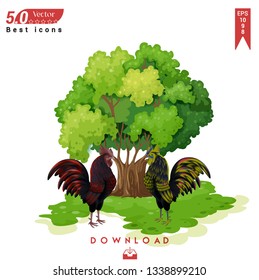 Green wood and two cock  vector isolated on white background. Graphic design, material-design, Best seller icons, mobile application, UI / UX design, EPS 10 format vector