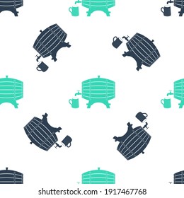 Green Wooden barrel on rack with stopcock and wooden beer mug icon isolated seamless pattern on white background. Vector.