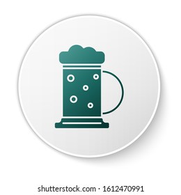Green Wooden beer mug icon isolated on white background. White circle button. Vector Illustration