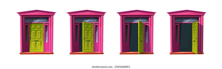 Green wooden door of old cottage house. Vector cartoon style icon illustrations. Sprite animation for 2d game. 