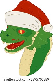 Green wooden dragon baby wearing Santa Claus hat. Vector illustration of a wooden little dragon head with a neck in Christmas hat. Baby dragon head in Santa hat with teeth, whiskers, horny scales