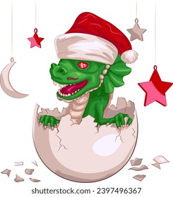 Green wooden dragon hatched from an egg wearing Santa Claus hat. Vector illustration of baby dragon crawling out of an egg wearing Christmas hat with New Year toys above it.
